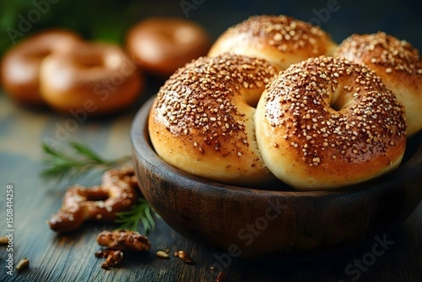 Obraz Homemade Bagels with Sesame Seeds on Rustic Wooden Table - Perfect for Breakfast and Brunch Menus