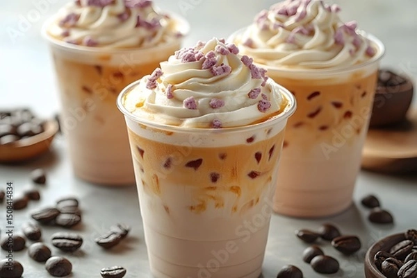 Obraz Iced Coffee with Cream and Toppings in Plastic Cups for Summer Refreshment