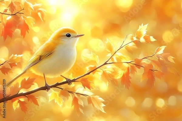 Obraz Golden Autumn Scene: Yellow Bird on Branch Surrounded by Warm Bokeh