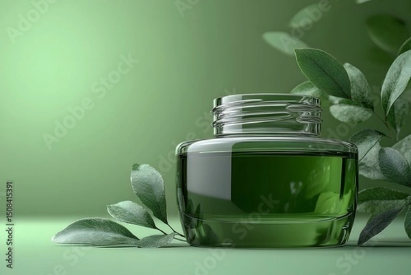Obraz Elegant Glass Ink Bottle with Green Leaves - Nature-Inspired Stationery Concept
