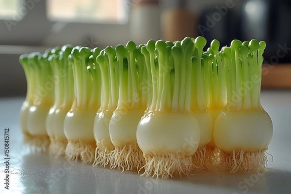 Obraz Fresh Green Onion Sprouts Lined Up on Kitchen Counter for Healthy Cooking Inspiration