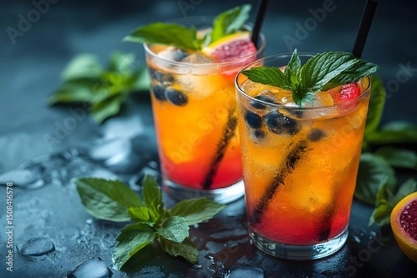Obraz Refreshing Citrus and Berry Summer Cocktail with Mint Garnish - Perfect for Celebrations and Parties