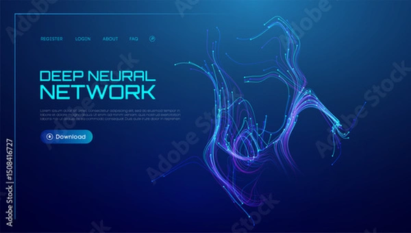 Fototapeta Neural network background with AI data in abstract wave lines. Tech blue science with artificial flow and digital light vector. Future graphic technology pattern in 3D concept with green energy.