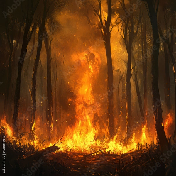 Fototapeta Burning forest illustration depicting flames consuming trees and creating a dramatic atmospheric scene