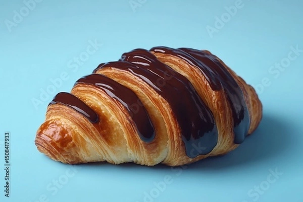 Obraz Chocolate croissant delight a decadent morning treat on a calming blue backdrop with crisp studio