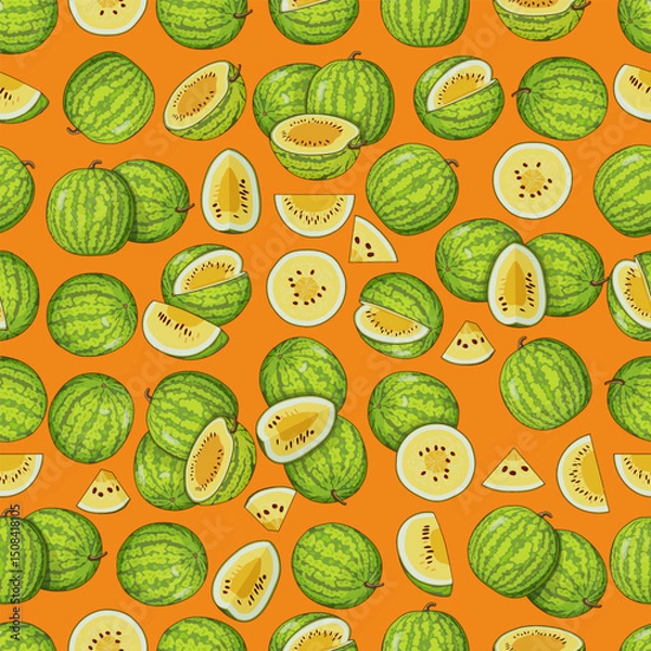 Fototapeta Seamless pattern with Yellow Doll Watermelon. Citrullus lanatus. Vegetables. Isolated vector illustration.