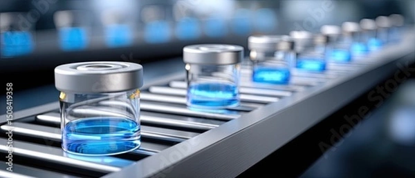 Fototapeta vaccine dose distribution concept. Glass containers filled with blue liquid on a conveyor belt in a modern setting.