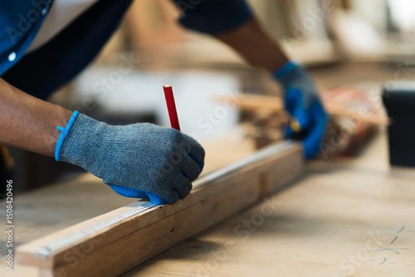 Fototapeta Close up of hands carpenter man using pencil for mark on timber during working in carpenter wood factory