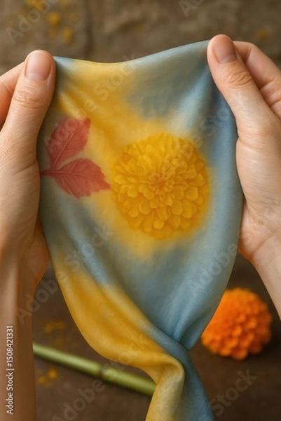 Obraz Hands holding dyed silk with vibrant yellow marigold flower imprint and red leaf on smooth gradient fabric

