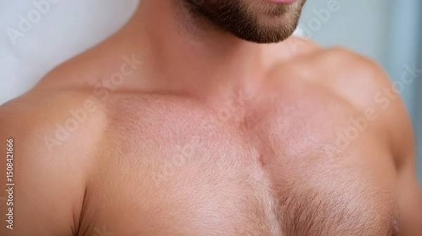 Fototapeta Portrait of a shirtless bearded man with a muscular toned upper body in a relaxed introspective setting