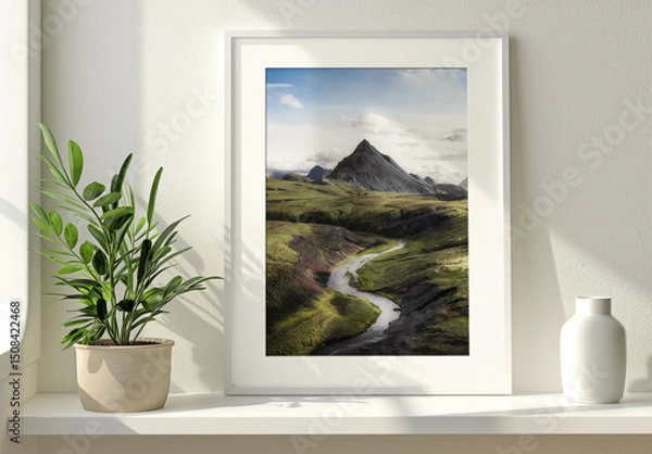 Obraz White Frame On A Shelf With Sunlight Mockup