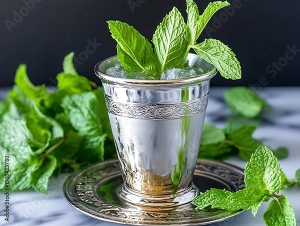 Obraz A refreshing Mint Julep presented in an ornate silver cup evoking Southern charm and tradition with