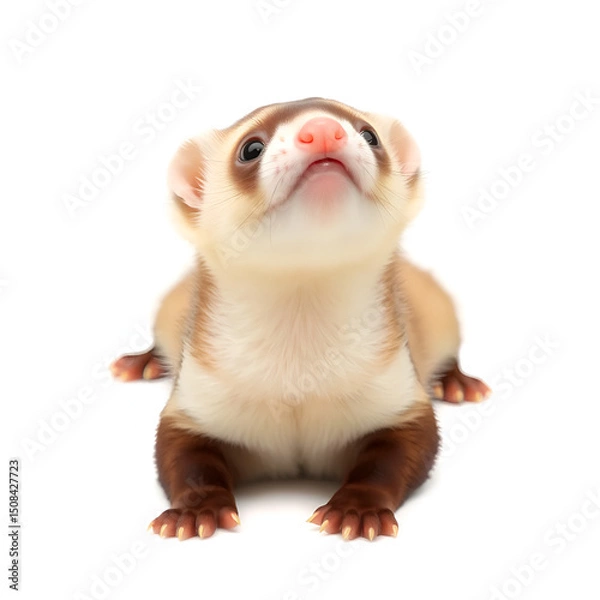 Fototapeta Cute young ferret laying down facing front with head lifted up, looking to camera. Isolated on a white background.