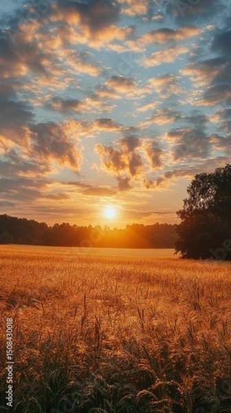Fototapeta Golden fields stretch across the rural expanse of Russia, illuminated by the warm light of dawn. The sky blends hues of orange and blue, creating a serene early morning atmosphere