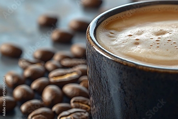 Obraz Rich morning brew A close up of frothy coffee served in a rustic dark mug with scattered coffee