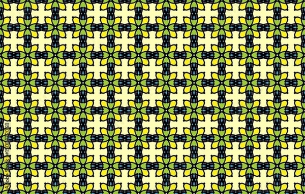 Obraz seamless pattern with green cross flowers and square on yellow background repeat style, replete image design for fabric printing, dot round purple flower, patter print, grid
