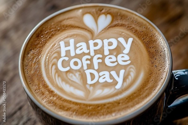 Obraz Celebrating Happy Coffee Day with latte art in a cozy mug bringing warmth and joy to your daily