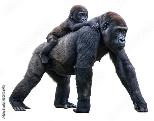 Fototapeta A gorilla mother walking with its baby on its back