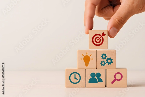 Fototapeta Conceptual Image of Wooden Blocks Symbolizing Business Success, Growth, Planning and Strategic Foundation