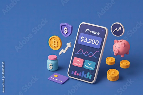 Fototapeta Finance Dashboard : Smartphone Displaying Income-Expense Tracking with 3D Financial Icons