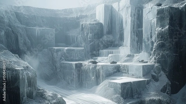 Obraz The open-pit mine displays extensive dolomite extraction activities, with heavy machinery operating amidst stark rock formations, emphasizing the scale and nature of mining processes