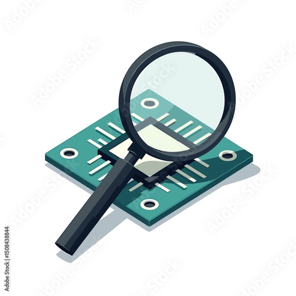 Obraz Isometric Illustration of a Magnifying Glass Examining a Microchip, Representing Technology and Inspection Processes