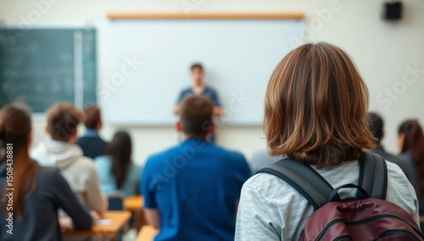 Fototapeta A late student with long hair stands in the classroom, and in the background at the board is a teacher