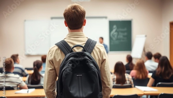 Fototapeta Late university student with short hair stands during lecture