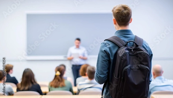 Fototapeta A late student stands in front of a male teacher during a lecture