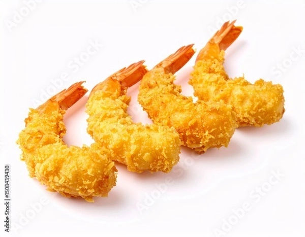 Fototapeta Close up images of four tempura shrimps on a white backdrop, showcasing their crispy texture and golden color. Ready-to-eat appetizer for food photography
