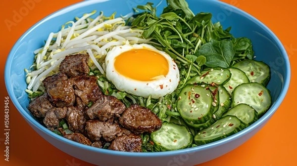 Fototapeta Colorful Bowl with Egg Cucumber Sprouts and Beef Cubes on an Orange Background