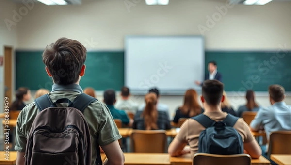 Fototapeta A short, late student stands with his back to the class and teacher after arriving