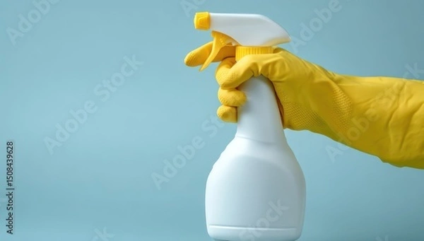 Obraz Hand in yellow glove holds white spray bottle against light blue backdrop