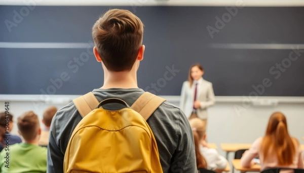 Fototapeta A first-year student is late for a class at the university and stands in front of the audience with a backpack on his back
