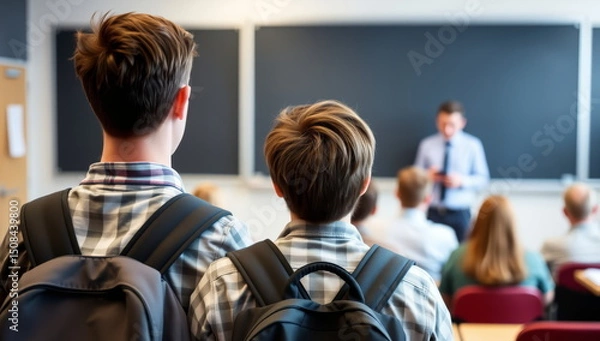 Fototapeta 2 brothers, late for class, in the same clothes, stand in front of the class and the teacher during class