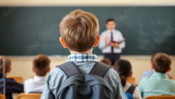 Fototapeta Little boy in elementary school with backpack, late for class and talking to teacher