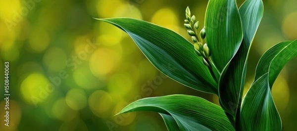 Obraz Vibrant green leaves and buds against a soft, out-of-focus green background