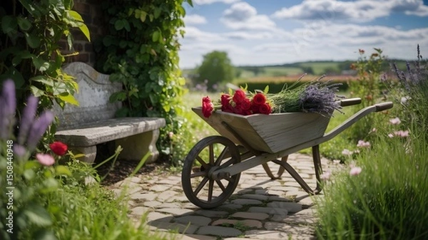 Obraz A charming scene featuring a wooden wheelbarrow overflowing with vibrant red roses and lavender, set against a picturesque garden backdrop under a sunny sky.