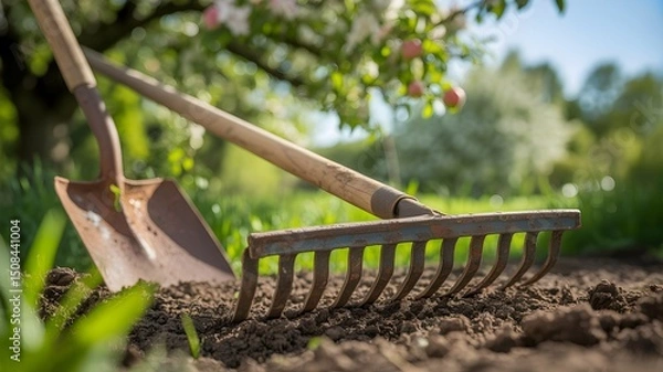 Obraz A shovel and rake rest on freshly turned soil, surrounded by vibrant greenery and blooming flowers, symbolizing growth and the beauty of gardening.