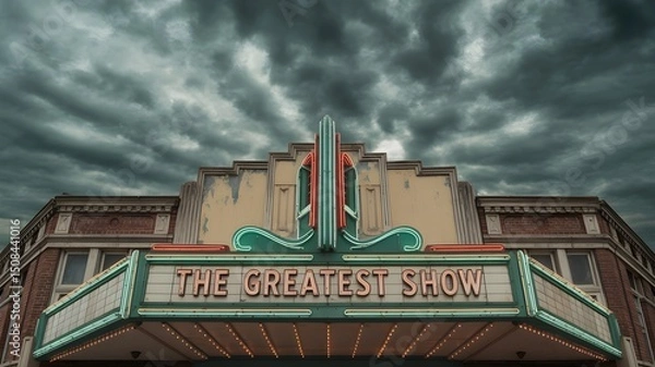 Obraz A vintage theater facade, accented with a bold neon sign, evokes a sense of nostalgia and anticipation under a dramatic cloudy sky, perfect for showcasing classic entertainment.