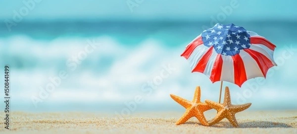 Obraz America USA summer vacation travel tourism background  - Parasol with american flag and starfishes in the sand on the beach with sea in the background