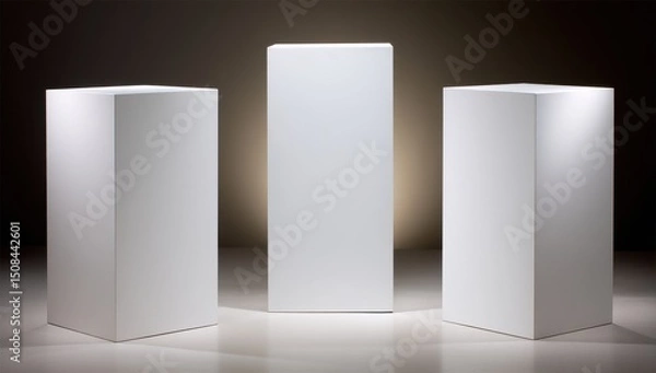 Obraz Three white, blank, rectangular display pedestals against a dark background