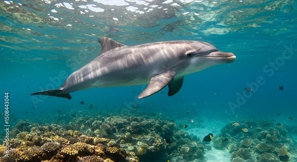 Obraz Majestic Dolphin Gracefully Navigating Vibrant Coral Reef Ecosystem