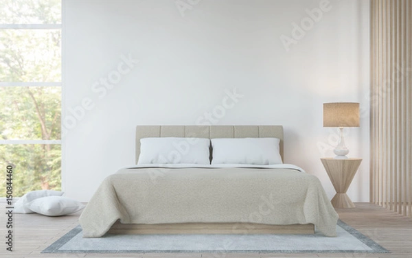 Fototapeta Modern white  bedroom in the forest 3d rendering image.There is a king size bed, wooden floors and large glass windows. Can look out to see the beautiful nature.