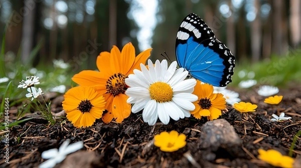 Obraz Vibrant Wildflowers and Blue Butterfly in Sunny Forest