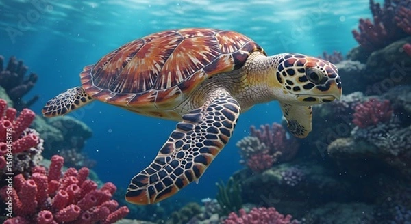Obraz Hawksbill Sea Turtle Gracefully Navigating a Vibrant Coral Reef Ecosystem