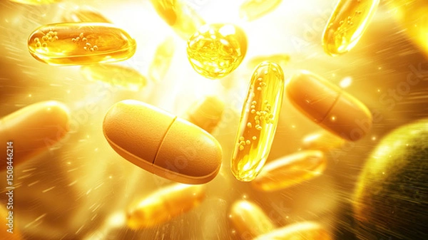 Obraz Golden capsules and tablets floating in radiant light