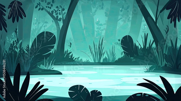 Obraz Serene forest pond surrounded by lush greenery and soft light