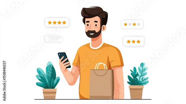 Obraz Happy customer holding shopping bag and smartphone