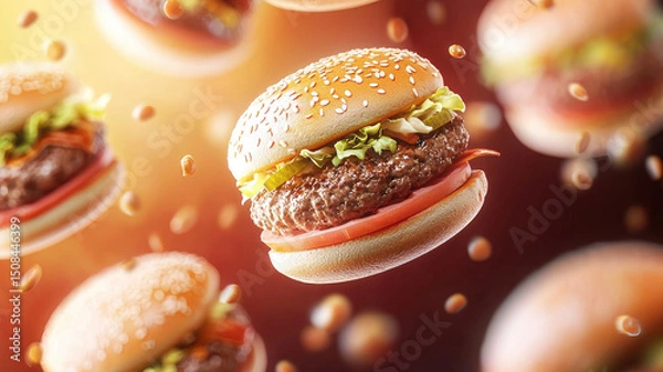 Obraz Juicy burgers floating in vibrant background